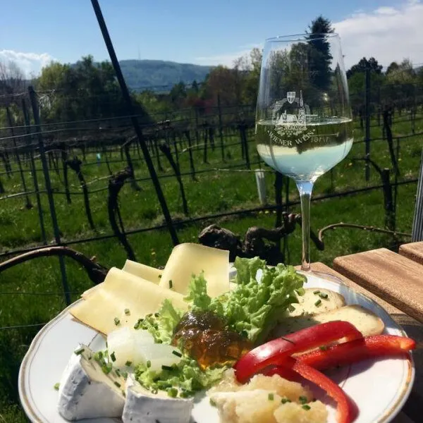 Käseteller mit Paprika und ein Glas Weißwein im Weingarten